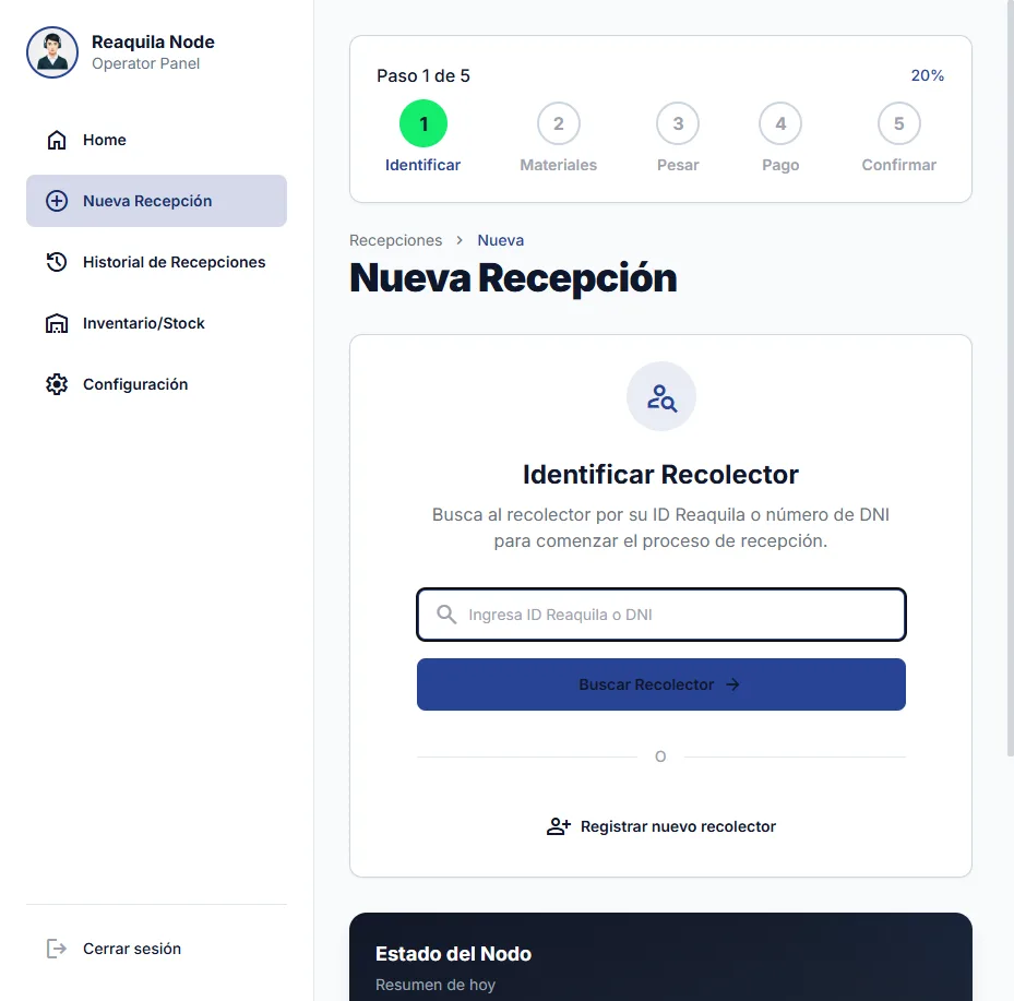 ERP de nodos Reaquila: wizard de nueva recepción con identificación del recolector, pesaje y pago